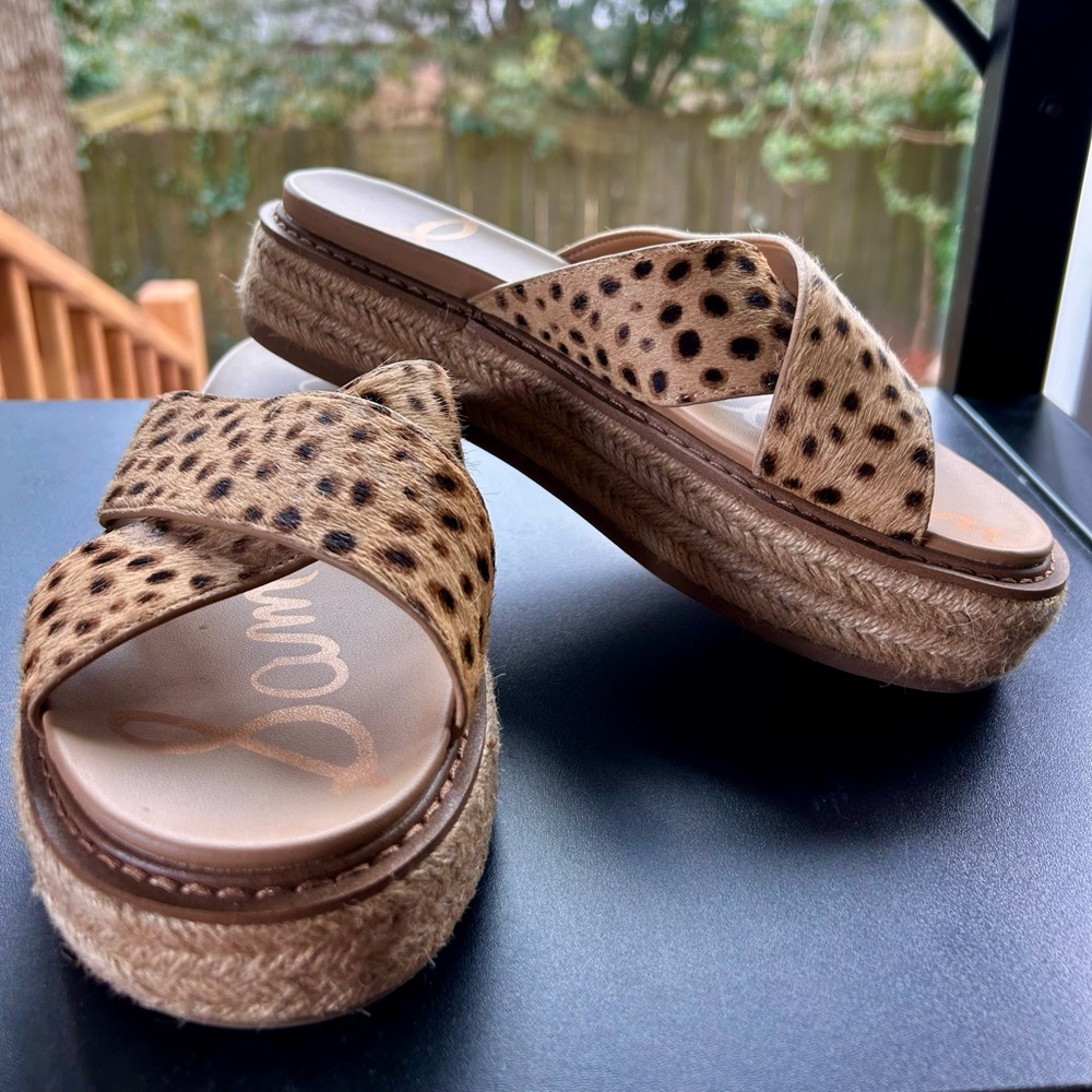 Sam Edelman Leopard Calf Hair Platform Slides 7.5 | Espadrille Flatform Sandals